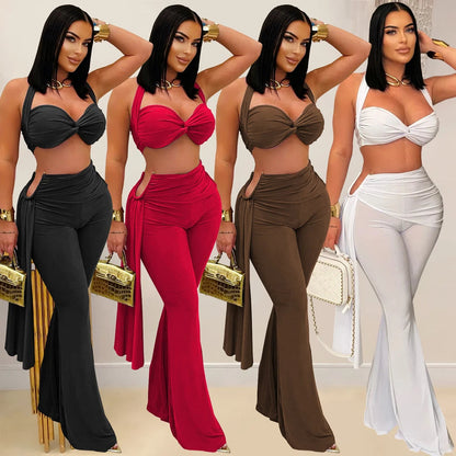 Sexy Women Outfits Twist-Front Crop Top and Long Straps Wide Leg Pants Sets Ruched Metal Tracksuits Sets Chic Night Out Overalls Good Vibrations