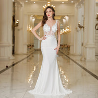 MisShow Elegant Straps White Mermaid Wedding Dresses Lace Pearls Backless V Neck Sleeveless Formal Party Gowns Vestido Marriee Good Vibrations