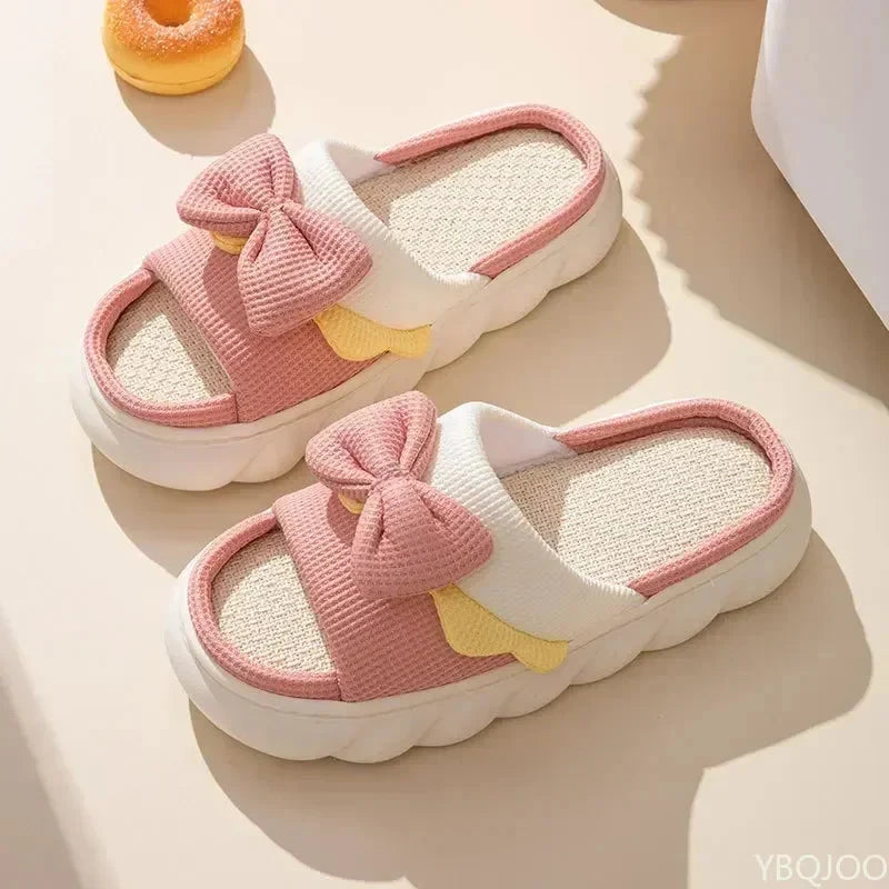 Linen Slippers Women Indoor Slippers Comzy Anti-Slip House Cotton Shoes  Cute Bowknot Flat Slipper Couples Slides Spring Summer Good Vibrations