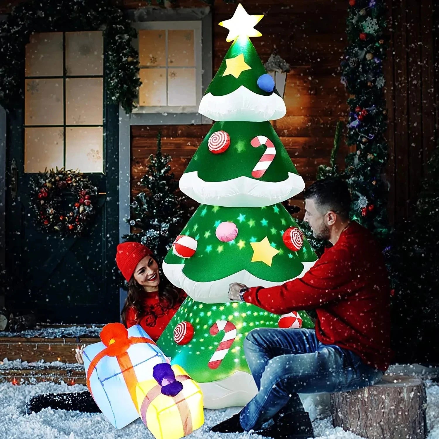 7FT/2.1M Xmas Inflatable Decoration 3 Gift Boxes Christmas Trees with Snow LED Lights Indoor Party Outdoor Garden Props Ornament Good Vibrations