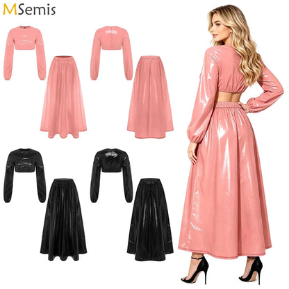 Women's Dress Set Waterproof Two Pieces Outfits Clubwear Long Sleeve Crew Neck Crop Top A-Line Swing Hem Midi Skirt Party Wear Good Vibrations