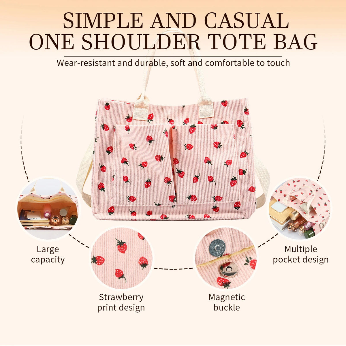 Tote Bag Cute Strawberry Patched Purse for Women Fabric Large Capacity Tote Purse Enduring Tote Bag with Adjustable Shoulder Good Vibrations