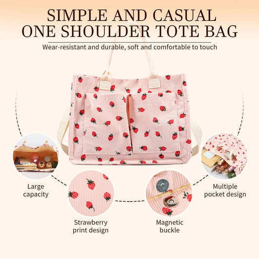 Tote Bag Cute Strawberry Patched Purse for Women Fabric Large Capacity Tote Purse Enduring Tote Bag with Adjustable Shoulder Good Vibrations