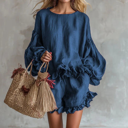 Bohemian Casual Vacation Outfits Woman Elegant O Neck Ruffle Hem Top And Beach Shorts Set Spring Solid Loose Fit Streetwear Suit Good Vibrations