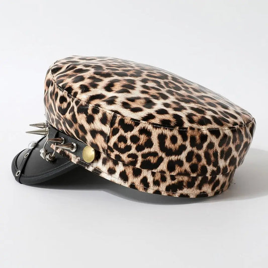 Retro Hip-hop Rivet Leopard Hat Harajuku Punk Y2k Beret Hat Gothic Silver Flat Top Cap for Girls Good Vibrations