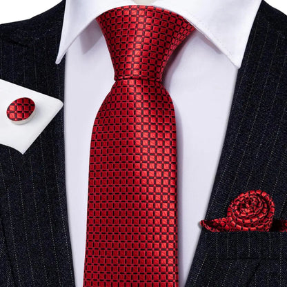 Hi-Tie Designer Red Burgundy Plaid Silk Wedding Tie For Men Handky Cufflink Gift Mens Necktie Fashion Business Party Dropshiping Good Vibrations
