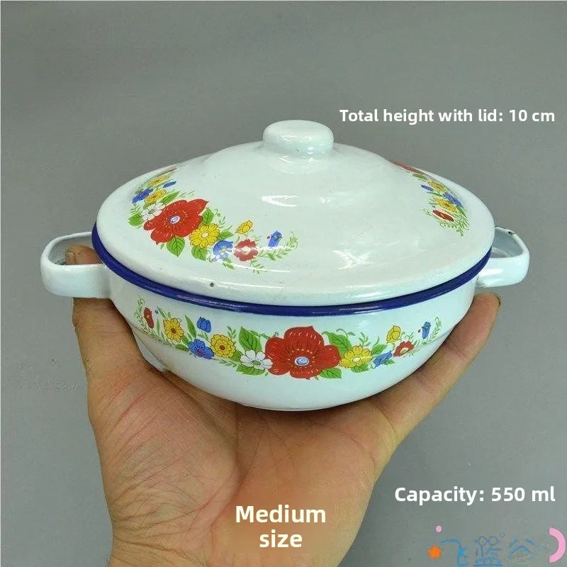 Enameled Bowl with Lid Curry Bowl Retro Sle Double Ear Pork Fat Basin Nostaic Children Iron Bowl Blue Glaze Enamelware Good Vibrations