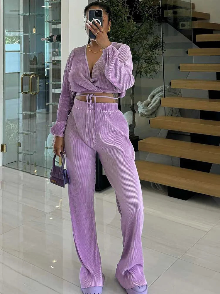 Casual Sets Womens Outfits Fall Clothes 2 Piece Lounge Set Draped Top and Elastic Wrap Pant Sets Outfits Wholesale Dropshipping Good Vibrations