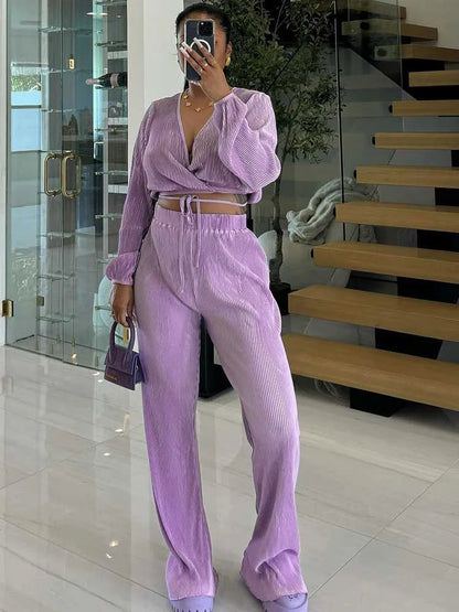 Casual Sets Womens Outfits Fall Clothes 2 Piece Lounge Set Draped Top and Elastic Wrap Pant Sets Outfits Wholesale Dropshipping Good Vibrations
