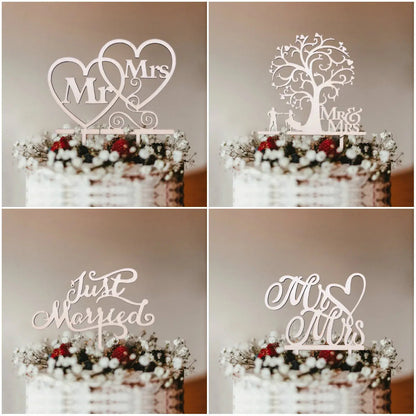 1Pcs Hollow Letter Love Just Married Mr&Mrs Cake Topper Bride and Groom Wooden Wedding Cake Topper For Wedding Party Supplies Good Vibrations