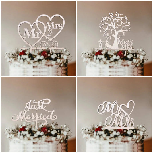 1Pcs Hollow Letter Love Just Married Mr&Mrs Cake Topper Bride and Groom Wooden Wedding Cake Topper For Wedding Party Supplies Good Vibrations
