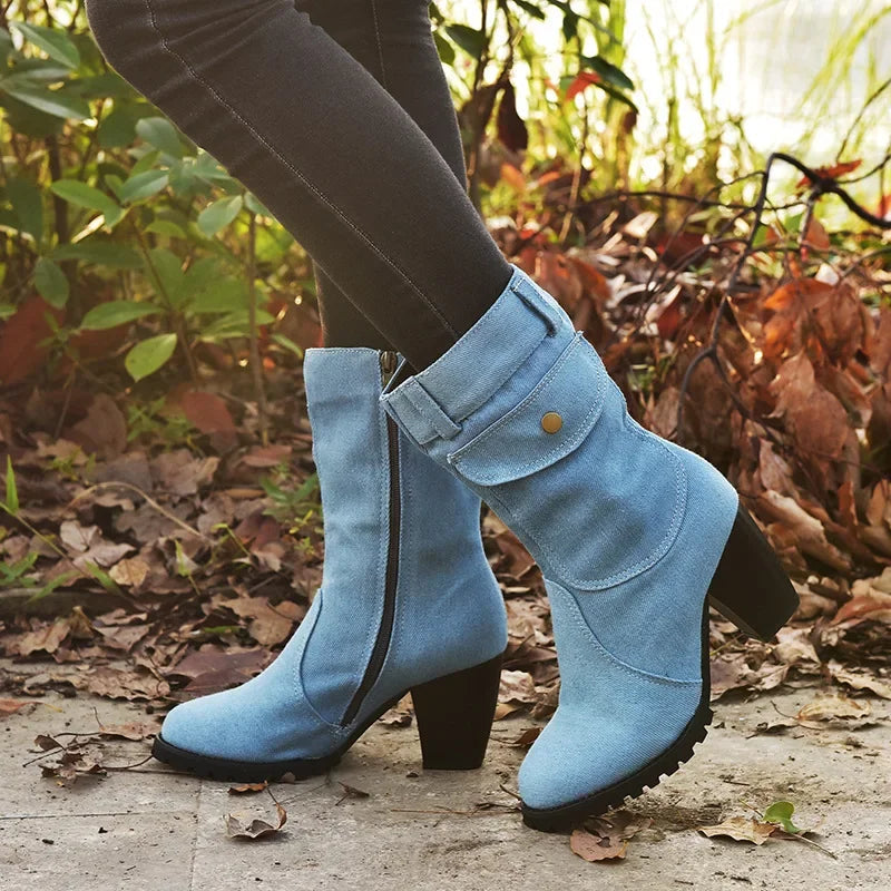 Cowboy Women's Boots 2024 Autumn and Winter New Pointed Denim Style Casual Temperament High Heels Single Shoes Zapatos De Mujer Good Vibrations