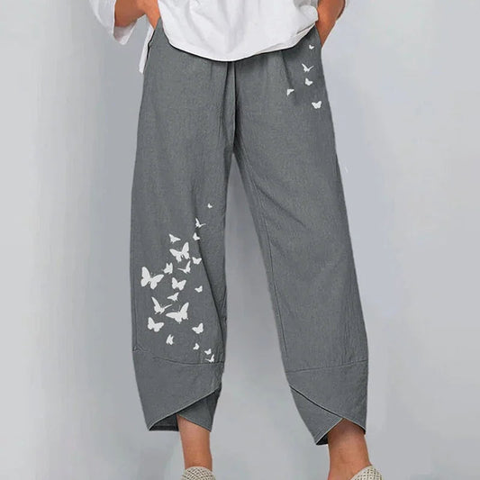 Vintage Print Pants Women Fashion Irregular Casual High Waist Elastic Waist Straight Loose Trousers Summer Lady Cargo Pantalon Good Vibrations