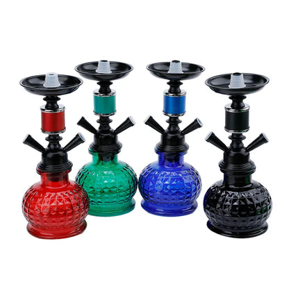 Travel Arabian Hookah Set in blue, red, green, and black with double hose glass and ceramic bowl.