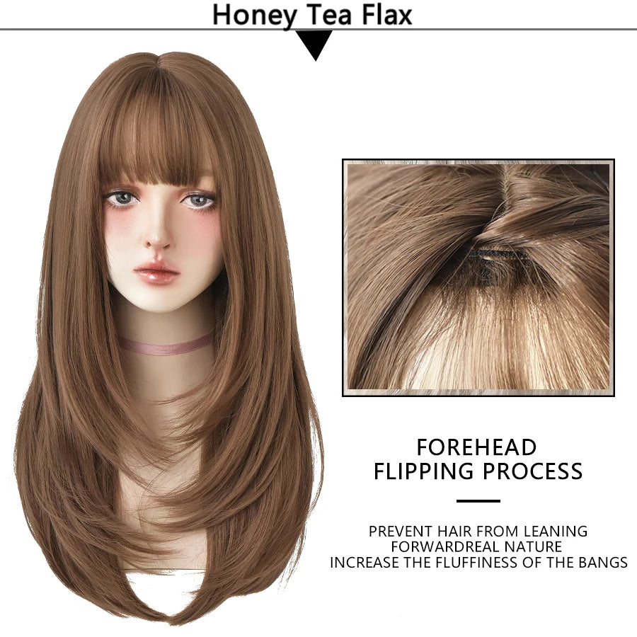 7JHHWIGS Long Wavy Synthetic Black Wigs For Women With Fringe Fashion Heat Resistant Mid-Length Daily Straight Light Brown Hair Good Vibrations