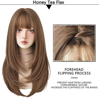 7JHHWIGS Long Wavy Synthetic Black Wigs For Women With Fringe Fashion Heat Resistant Mid-Length Daily Straight Light Brown Hair Good Vibrations