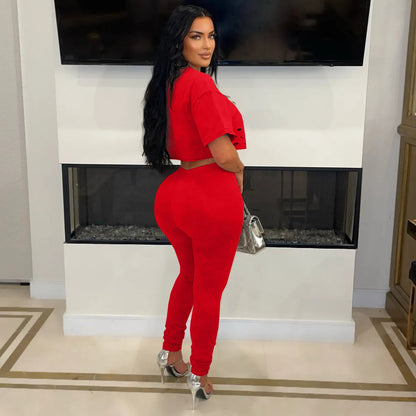 Women's Fashion White Two Piece Set Solid Loose Round Neck Piercing Pin Short T-shirt Pants 2026 Spring/Summer Set Red Black Good Vibrations