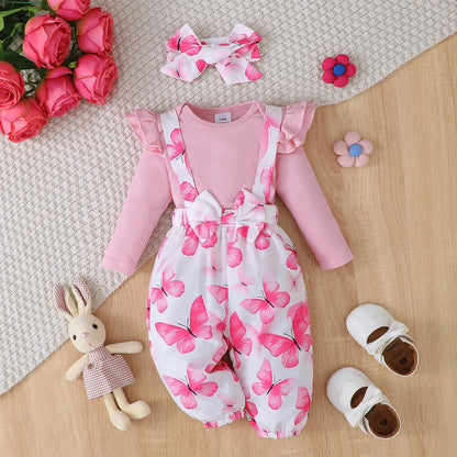 3Pcs Baby Girl Set Flying Sleeve Pit Strip jumpsuit+Printed Strap Pants+Headband Set 0-24 Months Baby Girl Spring Autumn Set Good Vibrations