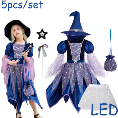 Halloween Party Costumes Witch Dress for Girls Kids Cosplay Carnival Witch Costume Pumpkin Dress Up With Bag Hat Wand Clothing Good Vibrations