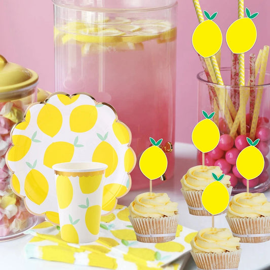 Lemon Disposable Tableware Paper Cups Plates Cake Toppers for Summer Lemon Happy Birthday Pool Party Decoration DIY Cake Supply Good Vibrations