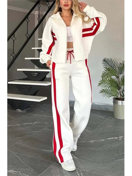 2025 Autumn Winter New Two-piece Set Women's Zipper Striped Loose Jacket Outwear And High Waist Side-striped Pants Sports Sets Good Vibrations