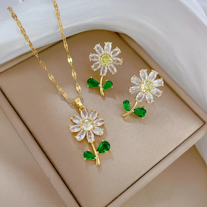Classic Green Leaf Flower Necklace and Earrings Set Light Luxury Sunflower Personalized Banquet Stainless Steel Jewelry Good Vibrations Adult Super Store