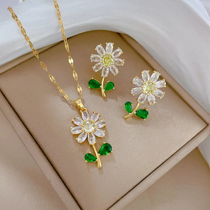Classic Green Leaf Flower Necklace and Earrings Set Light Luxury Sunflower Personalized Banquet Stainless Steel Jewelry Good Vibrations Adult Super Store