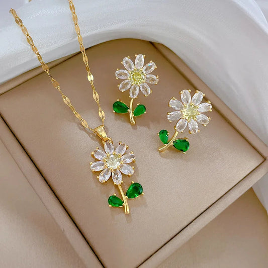 Classic Green Leaf Flower Necklace and Earrings Set Light Luxury Sunflower Personalized Banquet Stainless Steel Jewelry Good Vibrations Adult Super Store
