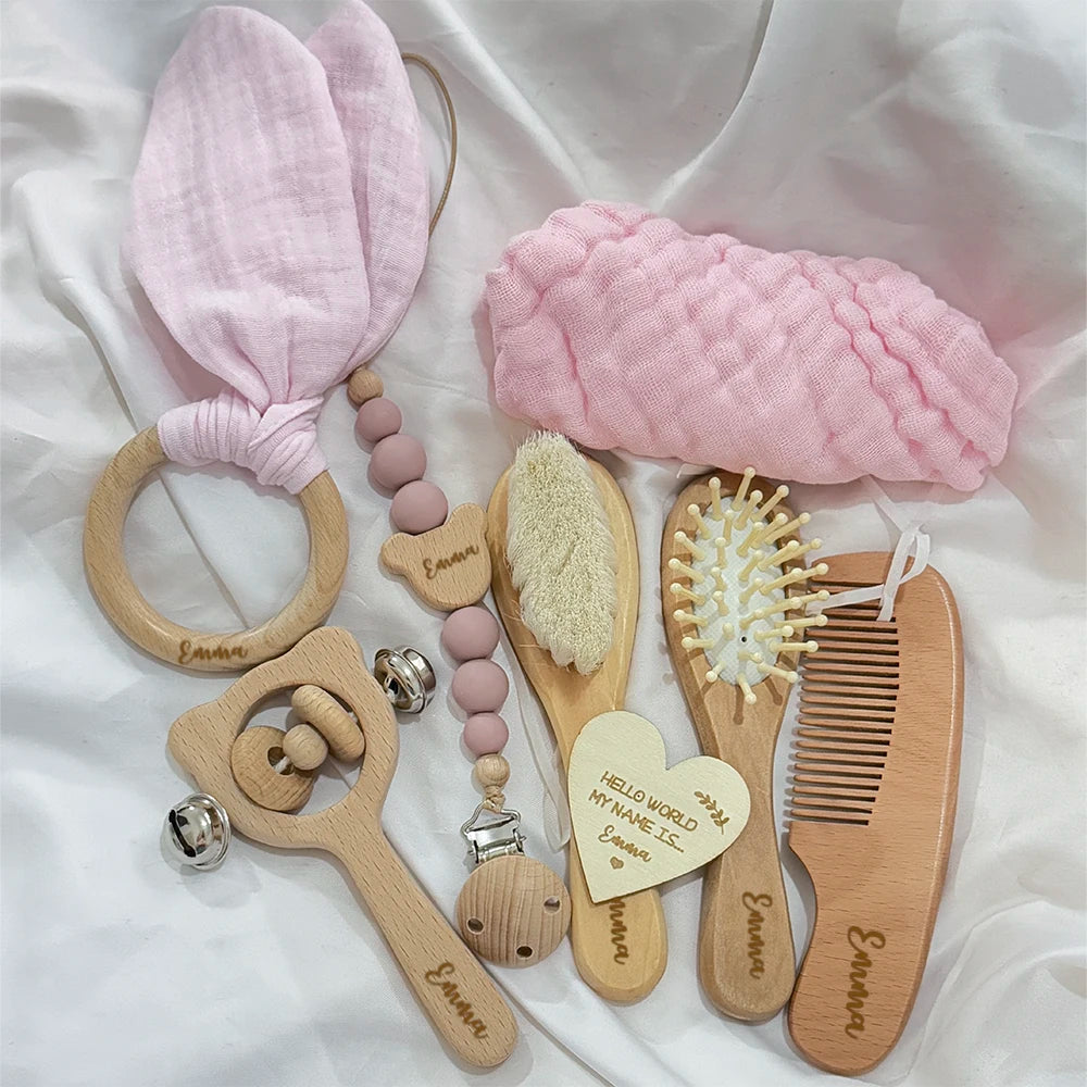 Baby Gift Box 8pcs with Personalized Name,Natural Wood Teether Rattle Set,Custom Baby Toy,Baby Name Announcement Baby Brush Good Vibrations