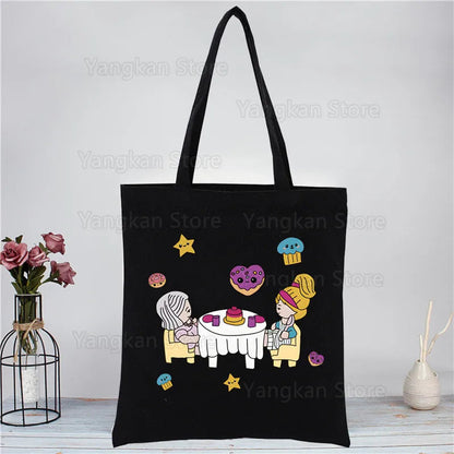 Kawaii Polly Pocket Shopping Bag Women Canvas Tote Bags Printing Eco Bag Cartoon Shopper Shoulder Bags Black Good Vibrations
