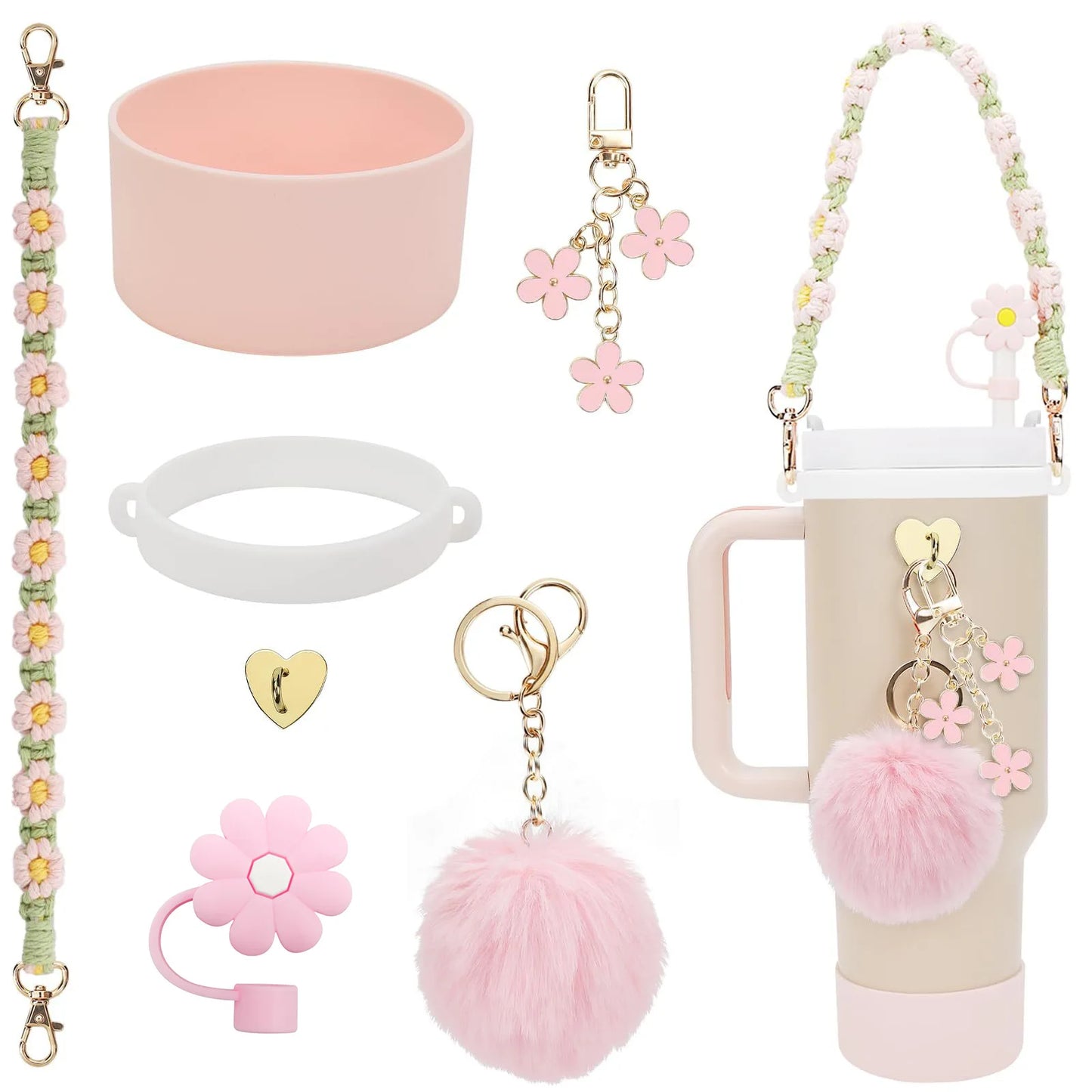 hand-made straw cap case Charm chain pendant lot Accessories Initial Keychain Handle for Stanley cup bottle Tumbler for Women Good Vibrations