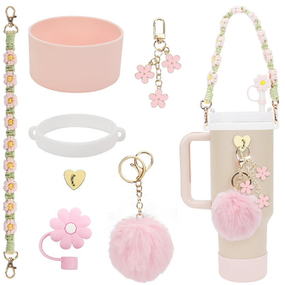 hand-made straw cap case Charm chain pendant lot Accessories Initial Keychain Handle for Stanley cup bottle Tumbler for Women Good Vibrations