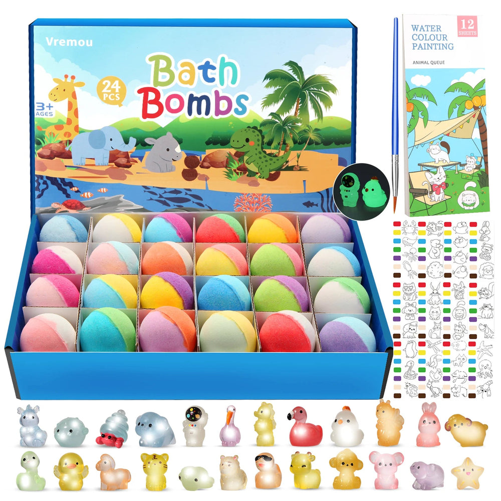 Bath Bombs for Kids with Toy Inside, 24 Pcs Natrual and Organic Bubble Bath Bombs with Glow-in-The-Dark Surprise Inside Good Vibrations