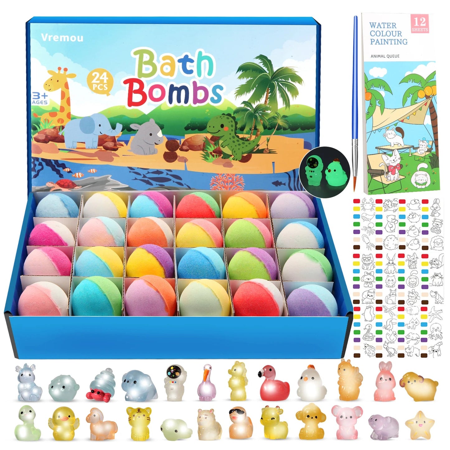 Bath Bombs for Kids with Toy Inside, 24 Pcs Natrual and Organic Bubble Bath Bombs with Glow-in-The-Dark Surprise Inside Good Vibrations