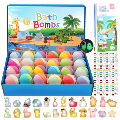 Bath Bombs for Kids with Toy Inside, 24 Pcs Natrual and Organic Bubble Bath Bombs with Glow-in-The-Dark Surprise Inside Good Vibrations