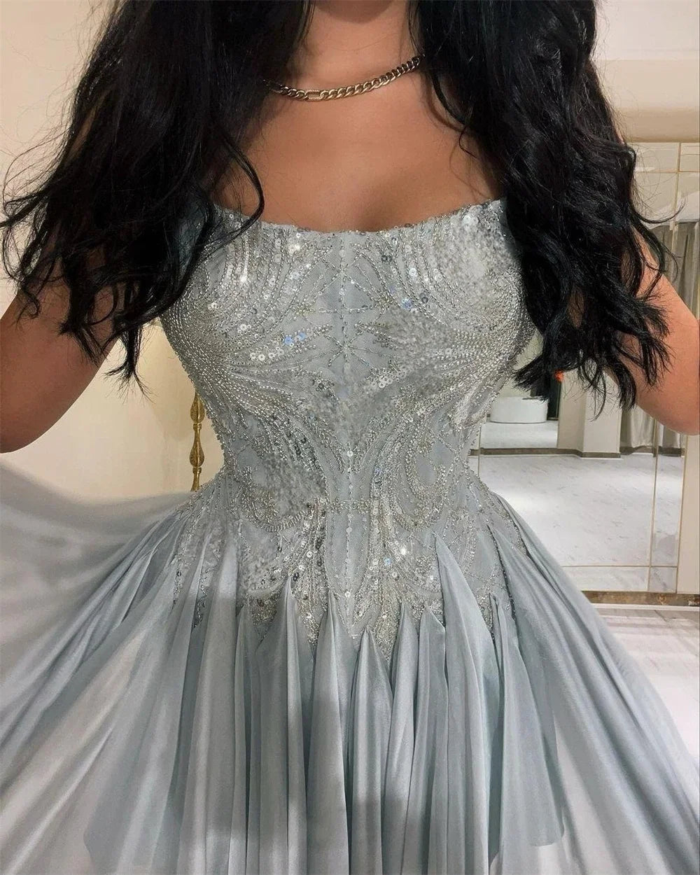 Customized Prom Dresses Exquisite  Strapless A-line Celebrity  Sequin Draped Chiffon Occasion Evening Gown  prom dress for black Good Vibrations