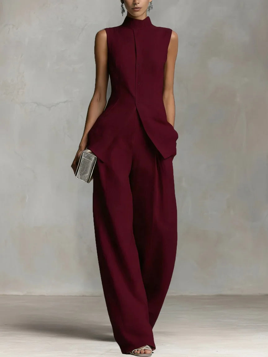 Women Fashion Black 2-Piece Outfit Sleeveless High Neck Button-Front Closure Vest High Waist Wide Leg Pants Elegant Formal Set Good Vibrations