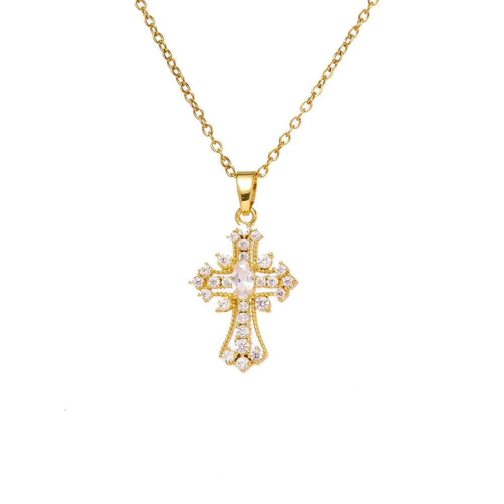 Women's European & American Retro Cross Pendant Necklace Stainless Steel Collarbone Chain Fashionable Light Luxury Jewelry Good Vibrations