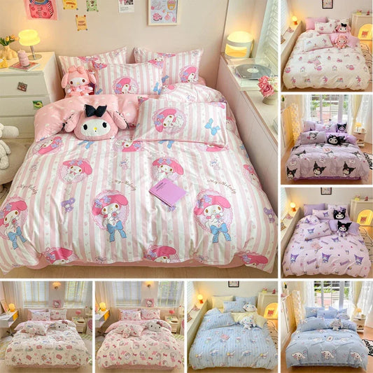 Sanrio 100% Cotton Bedding Set Cute Hello Kitty Kuromi Melody King Queen Pillowcase Bed Linens Girl Dorm Bedclothes Home Textile Good Vibrations