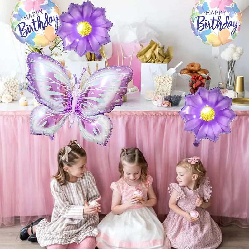 5 Pcs Butterfly Foil Balloons Set Purple Sunflower Set Baby Shower Wedding Romantic Butterfly Theme Birthday Party Decorations Good Vibrations