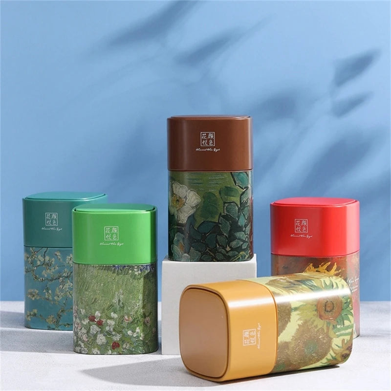 Elegant Tea Stash Jar Durable Metal Container for Herbs Storage Oil Painting Coffee Storage Container Metal Tea Box Can GOOD Vibrations Adult Super Store