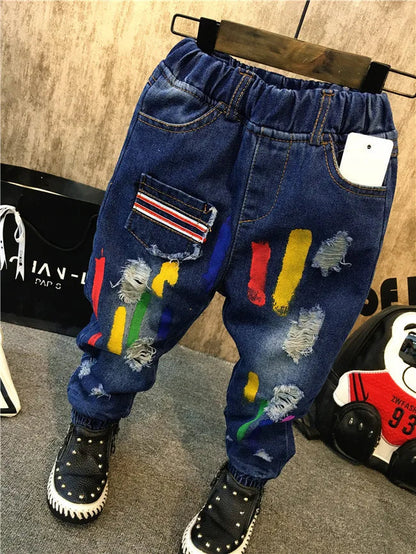Boys Jeans Fashion Hole New Children Straight Cylinder Casual Jeans Spring Autumn Korean Style Elastic Waist Kids 3-8Ys Trousers Good Vibrations