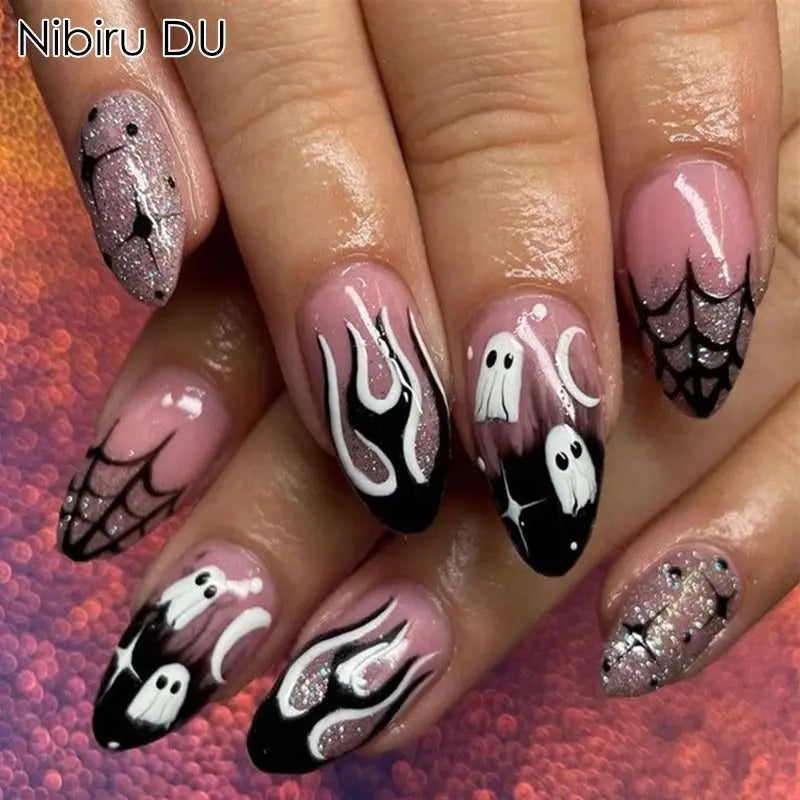 24Pcs Almond Halloween Press on Nails Full Cover French Fake Nails Cartoon Bat Spider Pattern Wearable Nails Art  Manicure Tips Good Vibrations