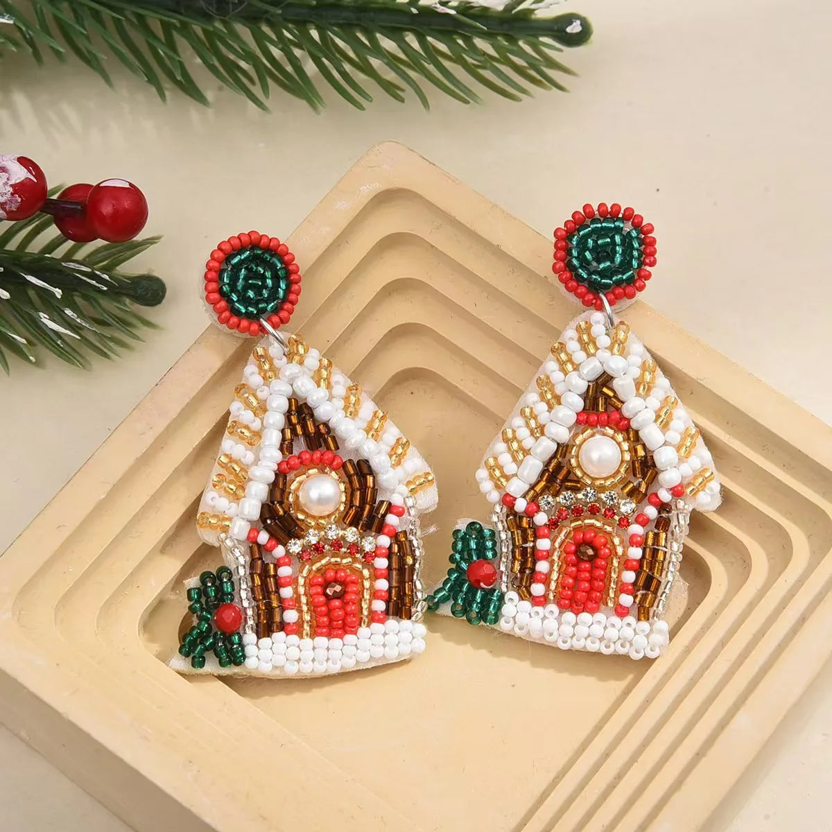 1 Pair Of Fashionable Christmas House Rice Bead Earrings For Women's Party Exaggerated Personality Pure Handmade Bead Earrings Good Vibrations