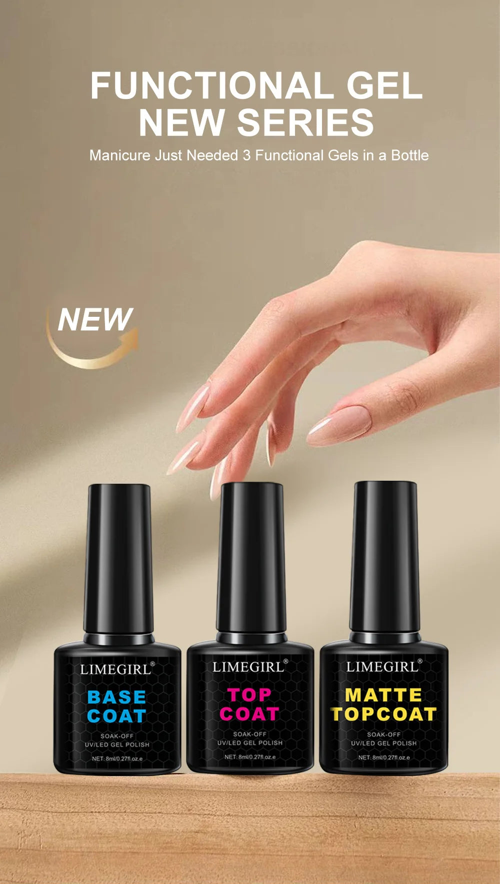 LIMEGIRL 8ml Soak Off Matte Top Base Coat for Nails UV Gel Polish Semi Permanent Functional Manicure Top Base Coat Varnish Good Vibrations