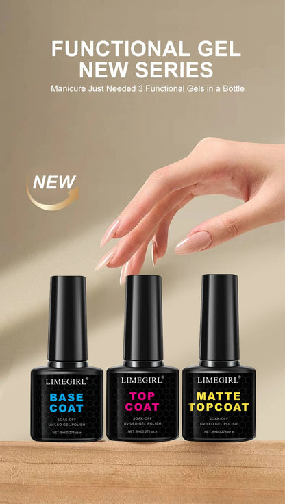LIMEGIRL 8ml Soak Off Matte Top Base Coat for Nails UV Gel Polish Semi Permanent Functional Manicure Top Base Coat Varnish Good Vibrations