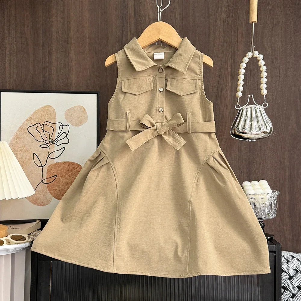 Korean Version Khaki Girls Casual Dresses Sleeveless Flip Collar Workwear Kids Dress Summer New Solid Color Children's Clothing Good Vibrations