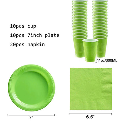 Green Solid Color Party Set Plastic Plate Cup Tablecloth Birthday Party Easter Day Baby Decoration Dinniware Party Supplies Good Vibrations