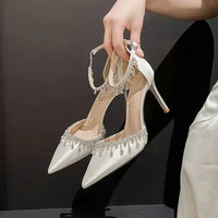Comemore 2025 White Wedding Bridesmaid Shoes Satin Fashion Rhinestone Fringe Chain High Heels Black Temperament Elegance Pumps Good Vibrations