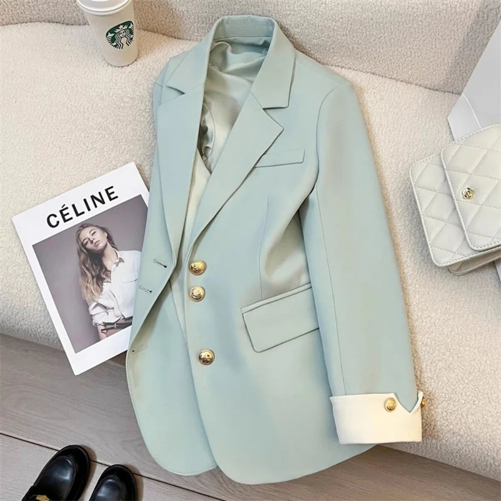 Single Breasted Notched Blazer Jackets Fashion Women Solid Long Sleeve Office Lady Blazers Casual Spring Autumn Female Clothes Good Vibrations